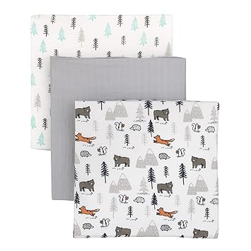 Carter's Woodland Friends Gray and White Tree Bear Squirrel 100% Cotton 3 Pack Muslin Swaddle Blankets