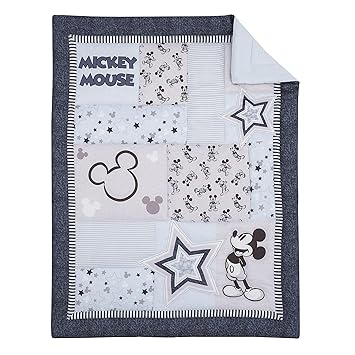 Disney Mickey Mouse - Timeless Mickey Blue, Gray, & White Stars & Icons 3Piece Nursery Crib Bedding Set - Comforter, Fitted Crib Sheet, & Crib Skirt, Navy, Light Blue, Grey, White