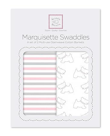 SwaddleDesigns 2 Lrg Marquisette Swaddle Blankets for Baby Boys/Girls, Soft Premium Cotton Muslin, Boutique Quality, Best Shower Gift, Little Doggie & Simple Stripes, Parent Picks Award Winner