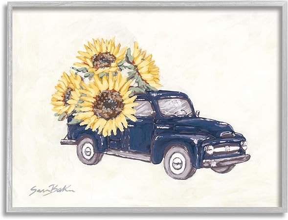 Stupell Industries Country Truck with Sunflowers Gray Framed Giclee Art Design by Sara Baker