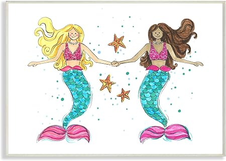 The Kids Room By Stupell Two Blue and Pink Mermaid Friends with Starfish Wall Plaque Art, 10 x 15, Proudly Made in USA