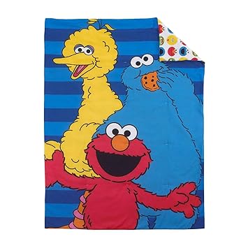 Sesame Street Best Friends Blue, Red, Yellow 4 Piece Toddler Bed Set - Comforter, Fitted Bottom Sheet, Flat Top Sheet, Reversible Pillowcase