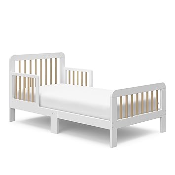 Storkcraft Pasadena Toddler Bed (White with Driftwood) - GREENGUARD Gold Certified, Fits Standard Full-Size Crib & Toddler Mattress, Toddler Safety Guardrails Included, Complete Design with Footboard