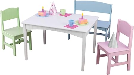 KidKraft Nantucket Wooden Table with Bench and 2 Chairs, Multicolored, Children's Furniture - Pastel, Gift for Ages 3-8