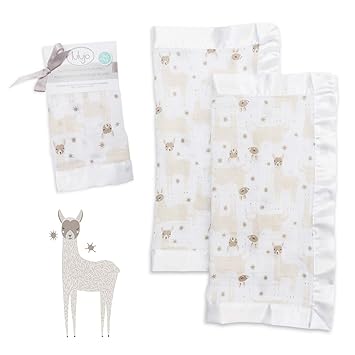 lulujo Baby Security Lovie Blankets| Unisex Softest Breathable Cotton Muslin Security Blanket with Silky Satin Trim| Neutral Comforting Blanket for Girls & Boys | 16in by 16 in| Llama