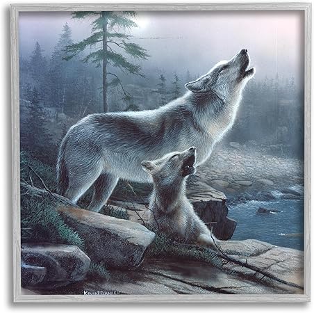 Stupell Industries Howling Wolf & Pup Landscape Gray Framed Giclee Art Design by Kevin Daniel