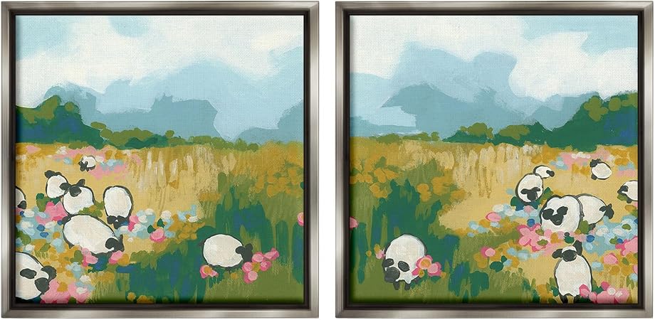 Stupell Industries Scattered Sheep in Field 2 Piece Framed Floater Canvas Set by June Erica Vess