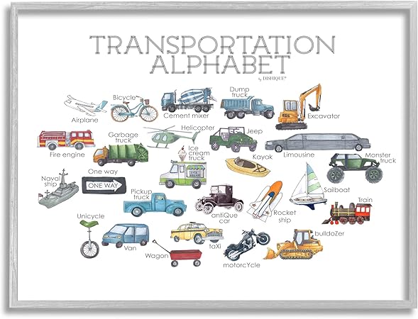 Stupell Industries Educational Transportation Alphabet Kids Learning Vehicles Cars, Design by Dishique, 30 x 24, Grey Framed