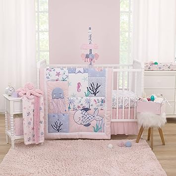 NoJo Mermaid Lagoon Pink, Blue and White Undersea Friends 4 Piece Nursery Crib Bedding Set - Comforter, Crib Sheet, Crib Skirt, and Storage Caddy