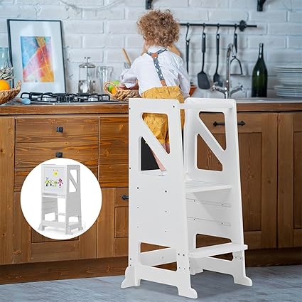 Wooden Toddler Step Stool,White Toddler Tower with Chalkboard & Whiteboard,Adjustable Height Learning Tower Toddler Kitchen Stool,Anti-Slip Protection,for Bathroom & Kitchen Counter