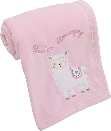 Little Love by NoJo Sweet Llama & Butterflies Super Soft Pink Baby Blanket with Applique & Embroidery, Pink, Ivory