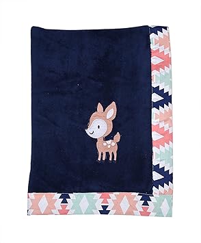 Bacati - Tribal/Aztec Plush Embroidered 30 x 40 inches Baby Blanket (Coral/Mint/Navy Deer)