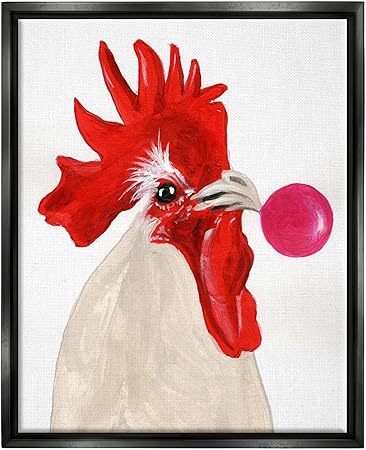 Stupell Industries Rooster Blowing Bubblegum Black Framed Floater Canvas Wall Art Design by Coco de Paris