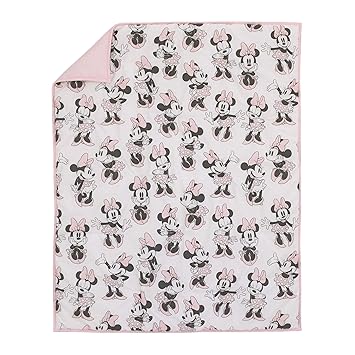 Disney Minnie Mouse 6 Piece Nursery Crib Bedding Set, Comforter, Two 100% Cotton Fitted Crib Sheets, Dust Ruffle, Baby Blanket, Changing Pad Cover, Pink, Grey & White