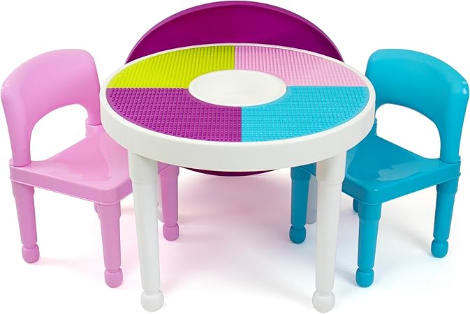 Humble Crew, White/Blue/Pink Kids 2-in-1 Plastic Building Blocks-Compatible Activity Table and 2 Chairs Set, Light Colors