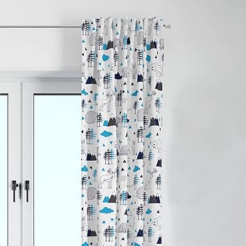 Bacati - 2 Pack Light Filtering Curtain Panels Woodlands Animals Aqua/Navy/Grey