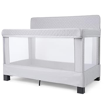 Baby Delight Horizon Full Size Crib, Breathable Mesh Walls, Tool-Free Assembly Baby Bed, Luxe Quilted Easy to Clean Fabric, Grey