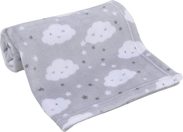 Little Love by NoJo Super Soft Gray and White Clouds and Stars Plush Baby Blanket