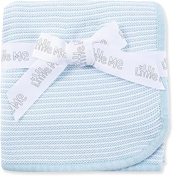 Little Me Unisex Baby Boys Knit Texture Blanket, White/Light Blue, One Size