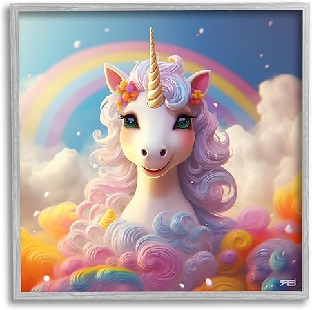 Stupell Industries White Unicorn with Rainbow Framed Giclee Art by RB