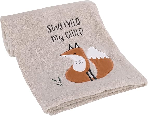 NOJO Little Love Woodland Meadow Taupe and Tan, Fox Stay Wild My Child Super Soft Applique Baby Blanket