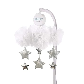 Little Love by NoJo White Tulle Cloud with Silver Metallic Stars Nursery Crib Musical Mobile