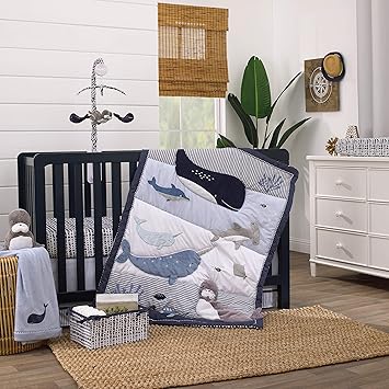 NoJo Seas The Day Blue and White Whale, Narwhal, Sea Lion, Shark 4 Piece Crib Bedding Set - Comforter, 100% Cotton Fitted Crib Sheet, Crib Skirt, and Storage