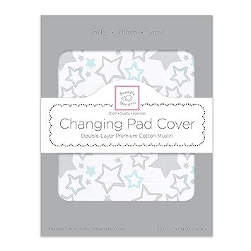 Softest Cotton Muslin Changing Pad Cover, Pastel Blue & Sterling Starshine