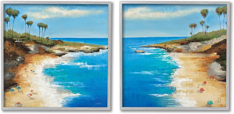 Stupell Industries Beach Cove Landscape 2 Piece Gray Framed Giclee Art Set Design by Liz Jardine