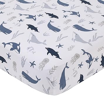 NoJo Marine Navy, Light Blue, Chambray, and White Ocean Friends 100% Cotton Nursery Fitted Crib Sheet