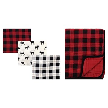 Hudson Baby Unisex Baby Muslin Swaddle Blanket 3Pc and Tranquility Blanket, Moose Buffalo Plaid, One Size