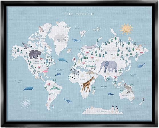 Stupell Industries World Animals Map Framed Floater Canvas Wall Art by Leah Straatsma