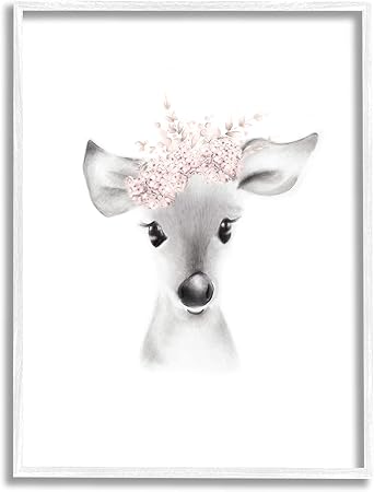 Stupell Industries Sketched Fluffy Deer Flowers, Design by Studio Q White Framed Wall Art, 11 x 14, Pink