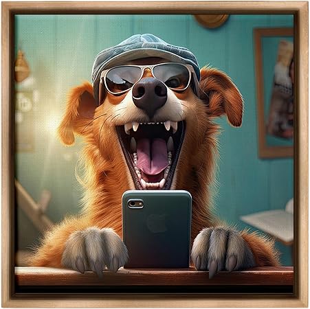 Stupell Industries Happy Dog on Cell Phone Framed Floater Canvas Wall Art by Jim Baldwin