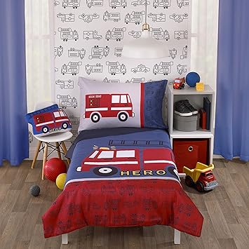 Carter's Firetruck Red, White, & Blue 4Piece Toddler Bedding Set, Red, Navy, Blue, Gray