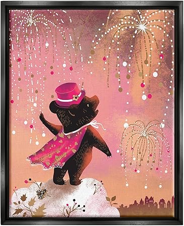 Stupell Industries Whimsical Bear with Fireworks Framed Floater Canvas Wall Art by Verbrugge Watercolor