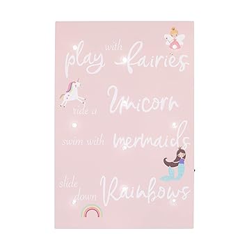 NoJo Pink & White Play with Fairies, Ride A Unicorn, Swim with Mermaids, Slide Down Rainbows Lighted Wall Decor, Pink, White, Aqua, Yellow