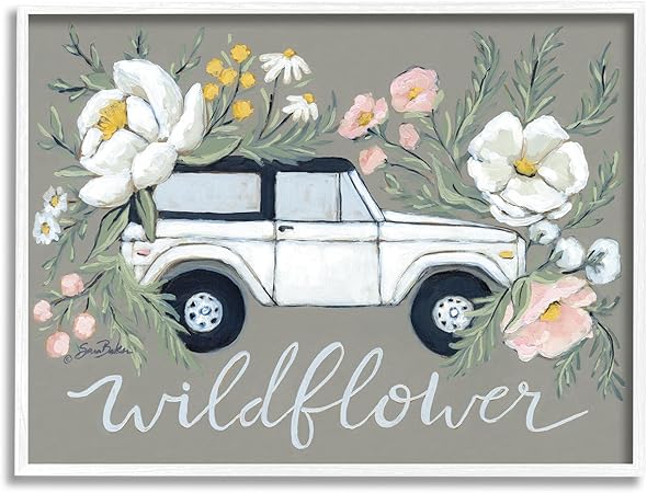 Stupell Industries Wildflower Phrase Floral Car White Framed Giclee Art Design by Sara Baker