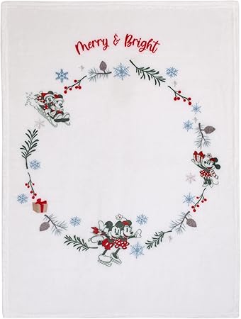 Disney Mickey and Minnie Mouse White, Red, and Green Christmas Holiday Wreath Merry and Bright Photo Op Super Soft Baby Blanket