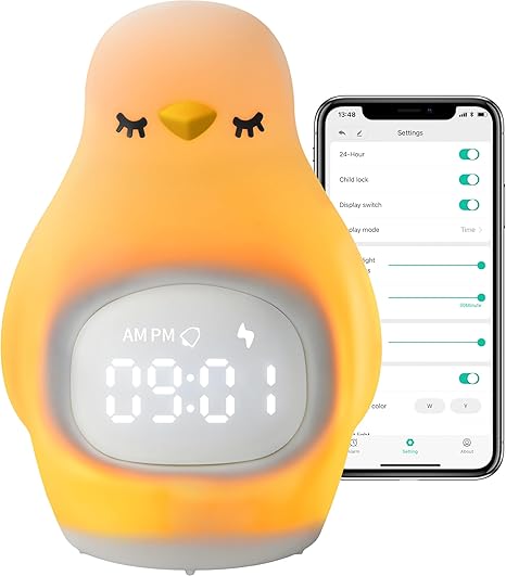 Smart Kids Alarm Clock Lamp App Control Toddler Sleep Trainer with Green Night Light All-in-one OK to Wake Rechargeable (White Silicone Penguin)