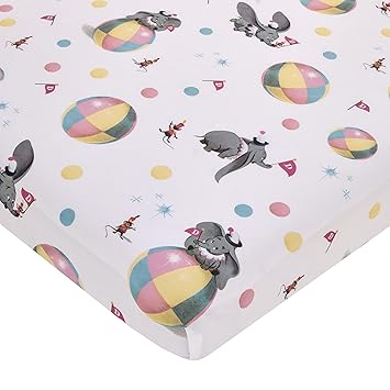 Disney Vintage Dumbo - Gray, White and Multi-Colored Circus Flags, Balls and Timothy Mouse Nursery Fitted Mini Crib Sheet