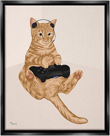 Stupell Industries Gamer Tabby Cat Framed Floater Canvas Wall Art by Tara Royle