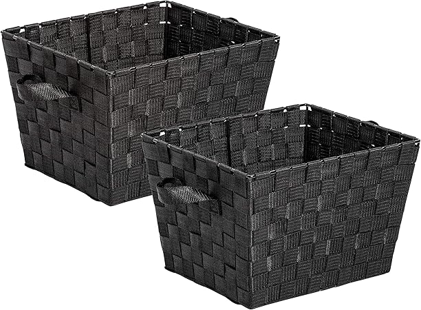 Two Woven Storage Baskets with Handles, Tote Decorative Storage Basket Organization Closet Bedroom Bathroom Nursery Accessories Toys Gifts 2 Pack Stackable Black