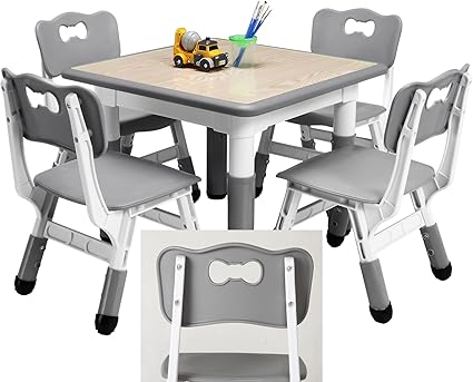 Kids Table and 4Chairs Set-Height Adjustable Desk,Graffiti Desktop, Non-Slip Legs,Children Multi-Activity Table for Classrooms,Daycares,Home (Light Gray)