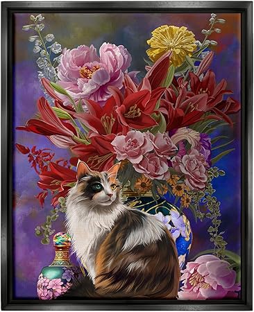 Stupell Industries Cat & Flower Chinoiserie Framed Floater Canvas Wall Art by Nene Thomas