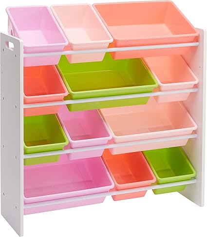 Amazon Basics Kids Toy Storage Organizer With 12 Plastic Bins, White Wood With Pink Bins, 10.9