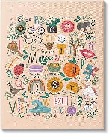 Stupell Industries Whimsical Kid's Alphabet Playful ABC Illustrations Everyday Items, Design by Loni Harris Canvas Wall Art, 16 x 20, Orange