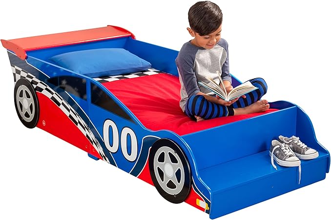 KidKraft Wooden Racecar Toddler Bed with Built-in Bench & Bed Rails - Red & Blue