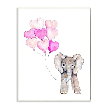 The Stupell Home Décor Collection Baby Elephant with Pink Heart Balloons Wall Plaque Art 10 x 15