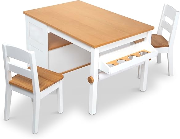 Melissa & Doug Wooden Art Table & Chairs Set - White - Kids Craft Table And Chairs, Children's Furniture